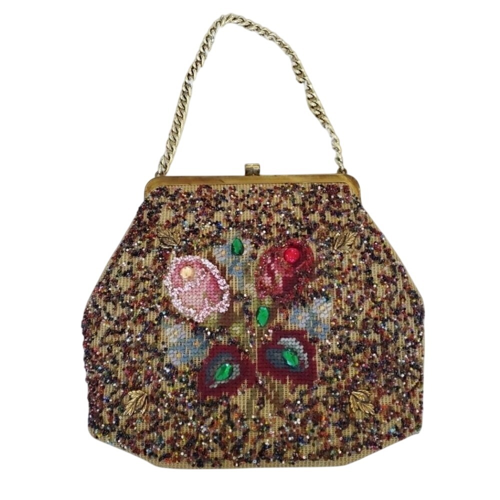 VTG Soure' Bag New York Beaded‎ Jewels Floral Knit Multi Color Purse Clutch